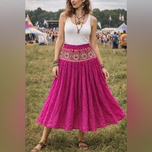 Vintage 90s Passports Womens Skirt Small Pink Crinkle Boho Embroidered Mirrored